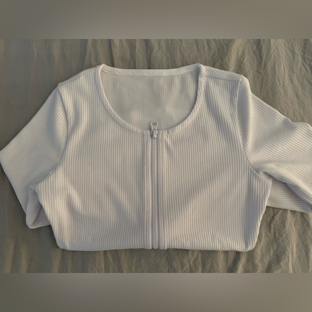 Alo Yoga White Stardust Ribbed Zip-Up Top